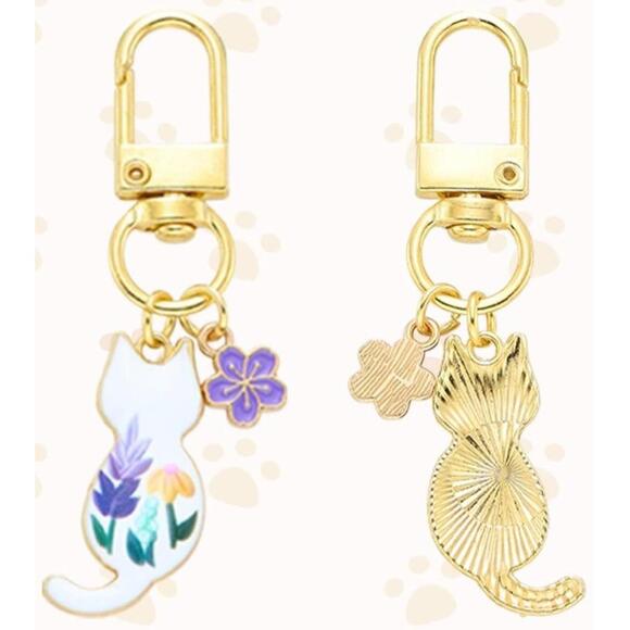 Handbags - Cat Key Chain Purse Charm Women’s Gold Floral Animal Print